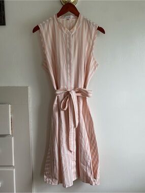 Calvin Klein Sleeveless Pink Stripe Belted Shirt Dress